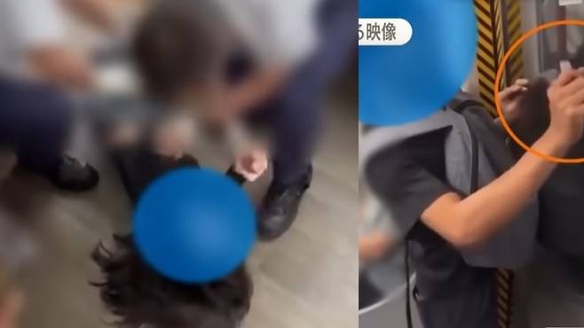 중국에서 ‘좀비 담배’를 흡입한 사람이 바닥에 누워 괴성을 지르다 제압당하고(왼쪽) 지하철에서 좀비 담배를 손에 쥔 채 문에 기대 몸을 떨고 있다.(오른쪽) 이 영상을 보도한 일본 ANN뉴스는 파란색 원으로 이들의 얼굴을 가렸다. 자료 : 일본 ANN뉴스 유튜브 캡쳐