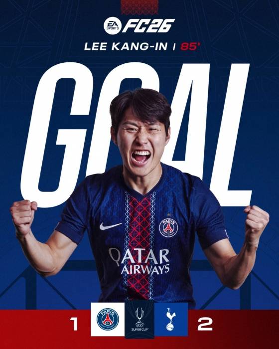 파리 생제르망 미드필더 이강인이  14일 오전 4시(한국시간) 이탈리아 블루에너지 스타디움에서 열린 2025 유럽축구연맹(UEFA) 슈퍼컵 결승에서 토트넘 홋스퍼를 상대로 추격골을 터트렸다. /사진=파리 생제르망(PSG) 공식 사회관계망서비스(SNS)