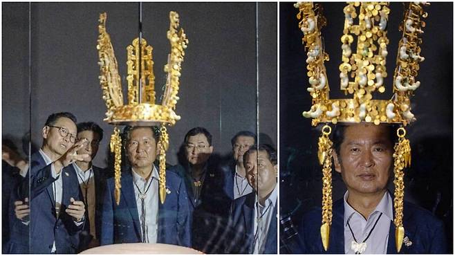 더불어민주당 정청래 대표가 지난 19일 아시아태평양경제협력체(APEC) 정상회의 개최지인 경북 경주 국립경주박물관을 방문해 신라시대 금관을 관람하고 있다. 정청래 민주당 대표는  SNS 착시기법으로 마치 천마총 금관을 쓴 듯한 사진을 찍어 자신의 소셜미디어에 올렸다 논란이 되자 삭제했다. /정청래 대표 페이스북