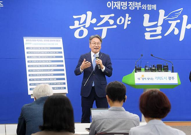 강기정 광주시장이 지난 13일 오후 시청 브리핑실에서 국정과제 반영 성과 브리핑을 하고 있다. /광주광역시