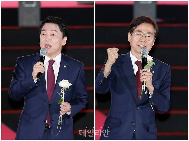 안철수·조경태 국민의힘 당대표 후보(사진 왼쪽부터)가 22일 오후 충북 청주 오스코에서 열린 국민의힘 8·22 전당대회에서 지지를 호소하고 있다. ⓒ데일리안 홍금표 기자
