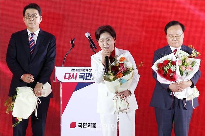 양향자 국민의힘 신임 최고위원이 22일 오후 충북 청주 오스코에서 열린 국민의힘 8·22 전당대회에서 당선 소감을 말하고 있다. ⓒ데일리안 홍금표 기자