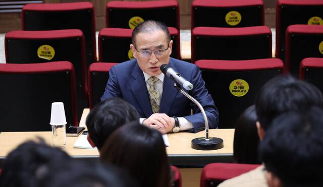 위성락 국가안보실장이 22일 서울 용산 대통령실에서 한미, 한일 정상회담 등 현안 관련 기자간담회를 하고 있다. 대통령실사진기자단
