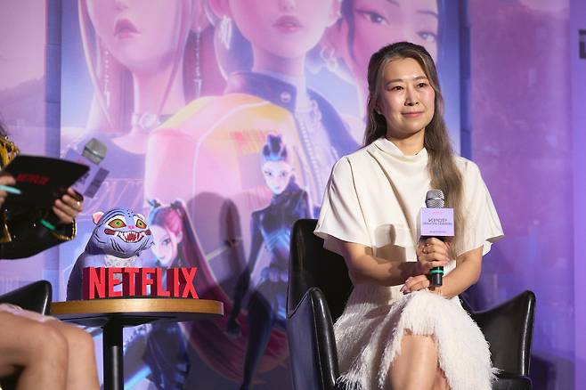 Maggie Kang speaks at CGV Yongsan in Seoul on Friday. (Netflix)