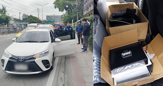 중국인이 운영하는 사기 조직에 고용돼 방콕 시내를 돌면서 사기성 문자메시지(SMS)를 보내온 한국인이 태국 경찰에 체포됐다. 사진은 적발된 차량(왼쪽)과 차량 내부에 있던 ‘가짜 기지국’ 관련 장비(오른쪽). 태국 기술범죄단속국 제공