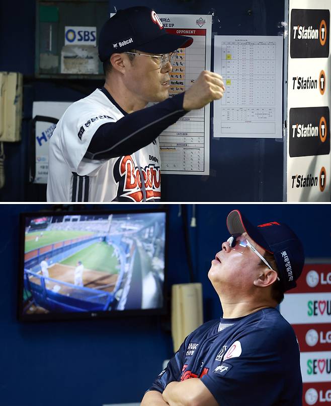 롯데 김태형 감독이 지난 20일 잠실 LG전에서 공격이 잘 풀리지 않자 허탈한 표정을 짓고 있다. 위 사진은 두산 조성환 감독 대행. 연합뉴스·두산 베어스 제공