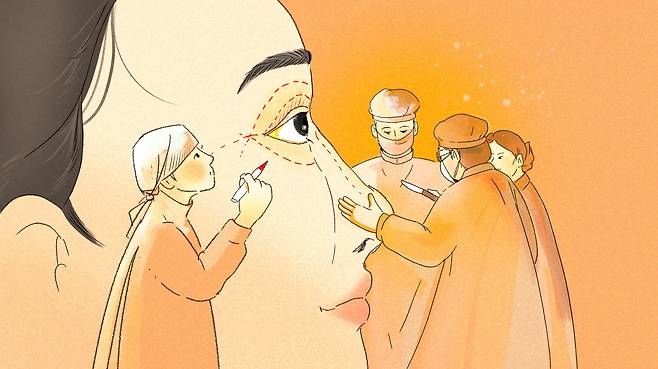 1920년대 신문, 잡지엔 쌍꺼풀 수술, 코세우기 수술 등 성형수술을 소개하는 기사가 자주 등장한다. 20세기초 미의 기준이 달라지면서 성형수술에 눈뜨기 시작한 여성들이 늘어났다. 일본에 건너가 수술을 받거나 국내 외국인 의사들이 수술을 시작했다.쌍꺼풀 수술은 1930년대 조선인 의사들도 시술한 것으로 보인다./일러스트=조선디자인랩 이연주