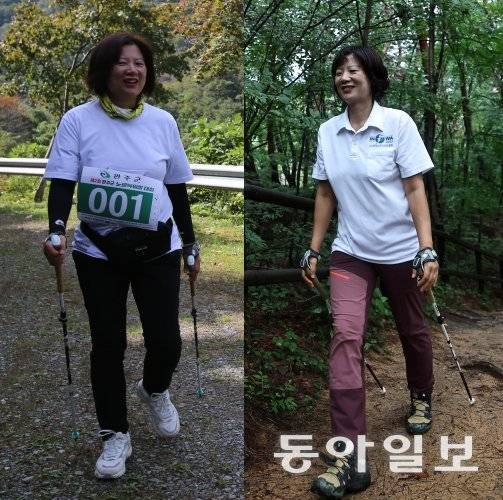곽정순 씨의 과거(왼쪽)와 현재. 과거는 노르딕워킹을 시작하고 약 2개월 뒤인 2023년 10월 전북 전주시 완산구 노르딕워킹 대회 때 모습. 현재는 지난 8월 14일 서울 은평구 북한산 자락에서 찍은 모습. 곽정순 씨 제공. 양회성 기자 yohan@donga.com