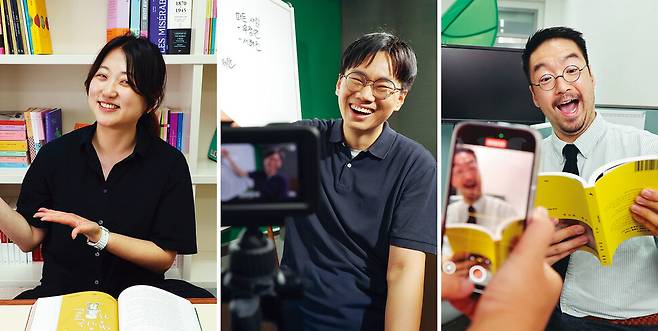(왼쪽부터) 조아란 민음사 마케터가 8월1일 오후 서울 강남구 사무실에서 인터뷰를 하고 있다. 박중혁 흐름출판 과장 인터뷰 장면. 문창운 푸른숲 부장이 7월31일 서울 마포구 사무실에서 인터뷰를 하고 있다. 정용일 선임기자 yongil@hani.co.kr