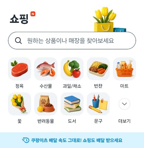 쿠팡이 '쿠팡이츠 쇼핑'을 통해 일반 상점을 입점시켜 다양한 상품을 빠르게 배송하는 사업을 확장하고 있다. 사진은 쿠팡이츠 쇼핑 카테리고 메인화면.  [사진=쿠팡이츠 갈무리]