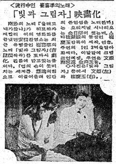 최희준 노래 '빛과 그림자'를 영화화. 1967년 8월 8일자.