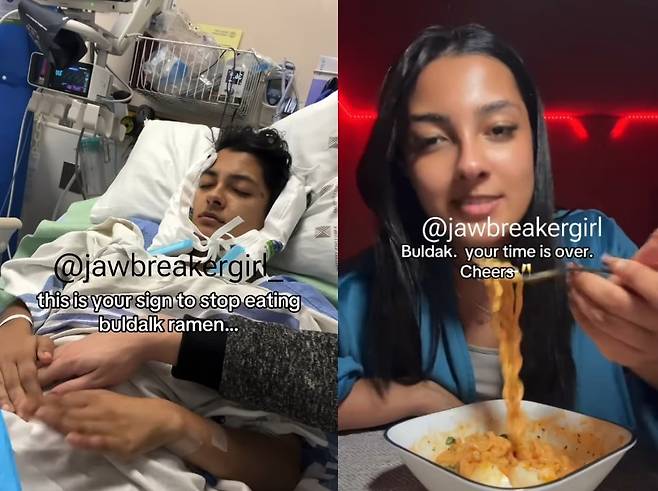 캐나다 틱톡커 하베리아 와심이 불닭볶음면을 먹고 입원했다고 주장한 모습(좌)과 불닭볶음면을 먹고 있는 모습. /인스타그램