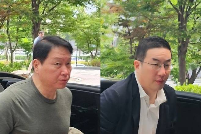 최태원 회장(왼쪽)과 구광모 회장이 24일 방미사절단 동행을 위해 서울 강서구 서울김포비즈니스항공센터(SGBAC) 출국장에 들어서고 있다.ⓒ연합뉴스