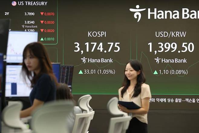 지난 22일 서울 중구 하나은행 본점 딜링룸에서 직원들이 업무를 보고 있다. 연합뉴스