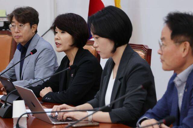 더불어민주당 한정애 정책위 의장이 24일 서울 여의도 국회에서 2024년 회계연도 결산 심사와 관련해 기자간담회를 하고 있다. 연합뉴스