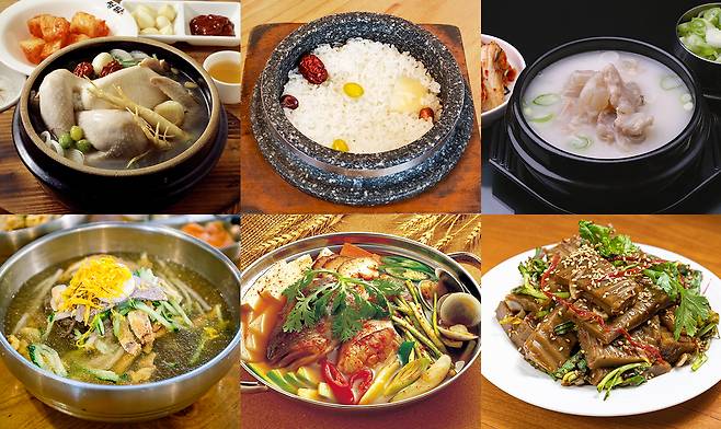 (왼쪽부터 시계방향으로) 삼계탕,돌솥밥, 설렁탕, 도토리묵,매운탕,냉면. 사진=클립아트코리아 제공.&nbsp;