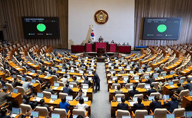 24일 오전 서울 여의도 국회에서 열린 제428회 국회(임시회) 제2차 본회의에서 노동조합 및 노동관계조정법 일부개정법률안(대안)이 재석 186인, 찬성 183인, 반대 3인, 기권 0인으로 가결되고 있다./뉴스1