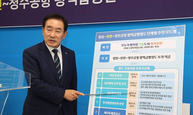 송기섭 충북 진천군수가 25일 서울 잠실에서 청주공항까지 1시간 안에 이르는 민자 철도 구축사업 계획을 설명하고 있다. 진천군 제공