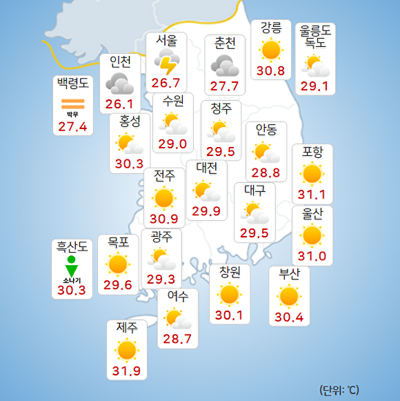 25일 오전 9시 현재 전국 날씨. [사진=기상청 날씨누리]