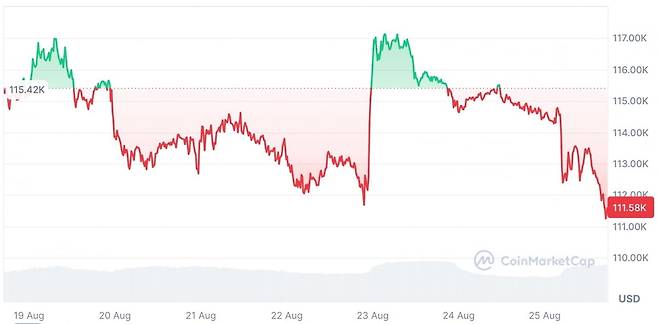 최근 일주일 비트코인(BTC) 가격 추이. 사진 제공=코인마켓캡