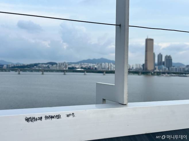 지난 20일 오후 퇴근시간대 서울 마포구 마포대교에서 바라본 한강 모습. 안전펜스에 '행복하게 해주세요'라고 적혀 있다. /사진=민수정 기자.