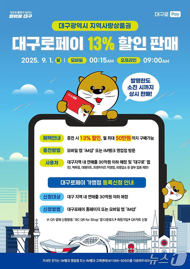 대구시는 다음 달 1일부터 지역사랑상품권(지역화폐) '대구로페이' 할인율을 기존 7％에서 13％로 인상한다. (대구시 제공. 재판매 및 DB 금지)/뉴스1