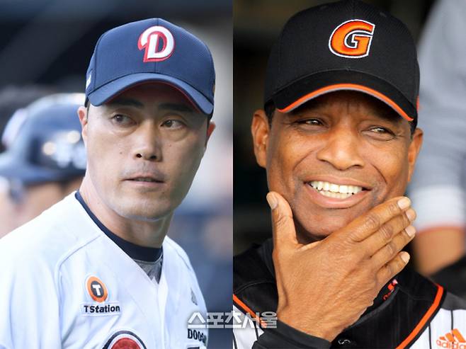 두산 조성환 감독대행과 전 롯데 로이스터 감독의 모습. 사진 | 스포츠서울 DB