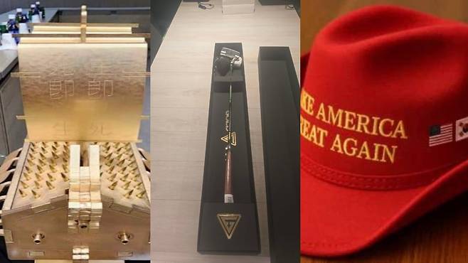 이재명 대통령이 25일(현지 시각) 미국 워싱턴 백악관에서 열린 한미정상회담을 맞아 도널드 트럼프 대통령에게 특수제작한 금속 거북선, 수제 퍼터, 마가 모자를 선물했다. /대통령실