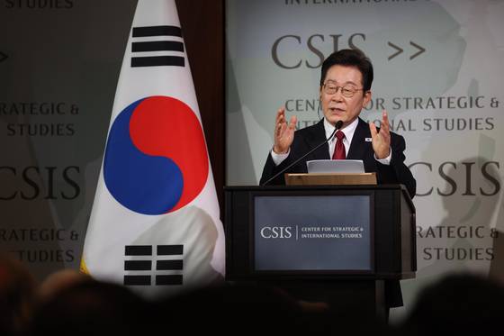 Korean President Lee Jae Myung speaks at the Center for Strategic and International Studies (CSIS) in Washington on Aug. 25. [JOINT PRESS CORPS]