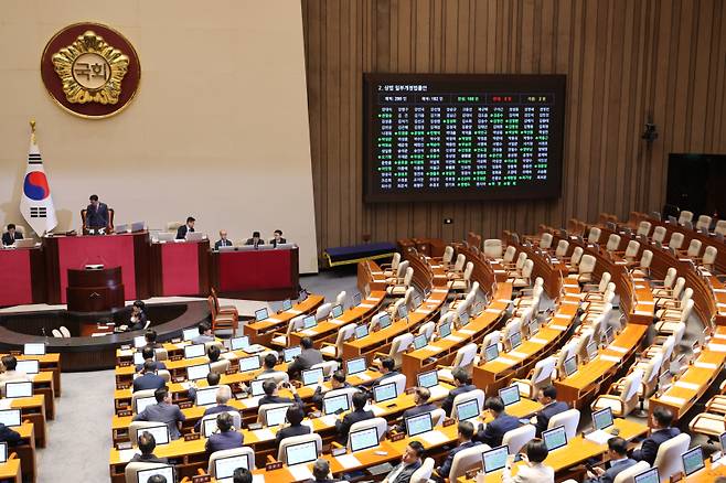 25일 국회 본회의에서 ‘더 센 상법’ 개정안이 여당 주도로 통과되고 있다. 연합뉴스