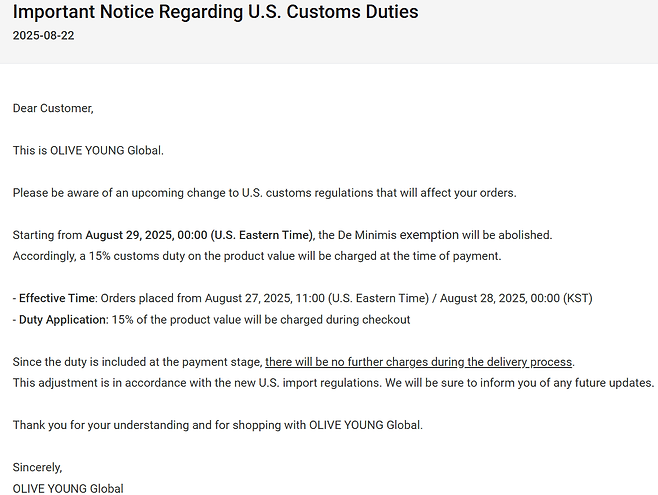 CJ올리브영 글로벌몰이 공지한 미국 관세 부과 관련 안내문 [CJ올리브영 글로벌몰 갈무리]