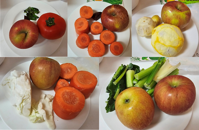 휴롬 엔자임 주스키트. 왼쪽 상단부터 시계방향으로 바질토마토, ABC, 진저레몬, 케일러리, CCA 구성품. 최은지 기자.