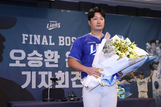 지난 7일 인천 송도 오라카이호텔에서 열린 오승환 은퇴 기자회견. <삼성 라이온즈 제공>