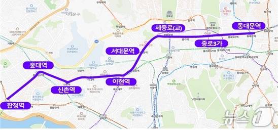 합정역에서 동대문역을 오가는 심야 자율주행버스(A21) 노선도.(서울시 제공)