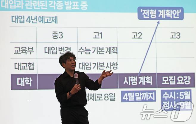 지난달 14일 서울 송파구 교통회관 대강당에서 열린 이투스북 입시전략 설명회에서 김병진 이투스 교육평가연구소장이 실전 입시 및 진학 상담 전략에 대해 강의하고 있다. 2025.7.14/뉴스1 ⓒ News1 오대일 기자