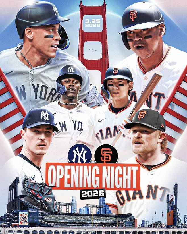 샌프란시스코 자이언츠가 내년 3월 26일(한국시각) 뉴욕 양키스를 홈구장 오라클파크로 불러들여 공식 개막전을 치른다. MLB는 27일(한국시각) 2026년 메이저리그 스케줄을 발표하면서 공식 X계정에 양키스 애런 저지와 샌프란시스코 이정후 등을 내세워 개막전 일정을 알렸다. 사진=MLB 공식 X 계정