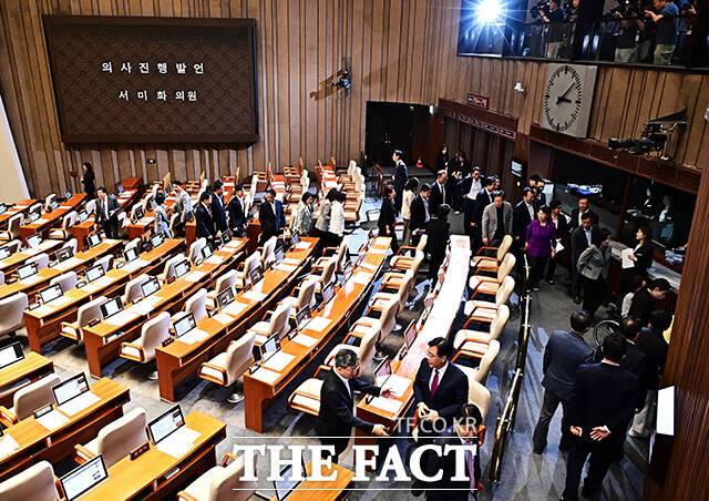 국가인권위원회 위원 이상현·우인식 선출안 부결에 항의하며 본회의장을 떠나는 국민의힘 의원들.