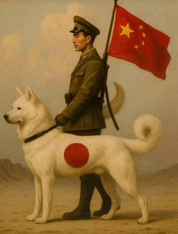 최근 중국의 80주년 전승절을 앞두고 틱톡·웨이보·콰이쇼우 등 중국 기반 소셜미디어에서 반일 정서를 담은 게시글이 잇따라 게시되고 있다. 사진은 소셜미디어에서 유포되고 있는 AI 이미지로 중국군이 일본 국기가 그려진 개의 목줄을 잡고 있다. /틱톡