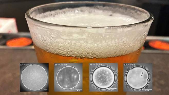 맥주 잔 속 거품을 과학 장비로 관찰해 겹쳐놓은 모습. CREDIT/AIP/Chatzigiannakis et al.