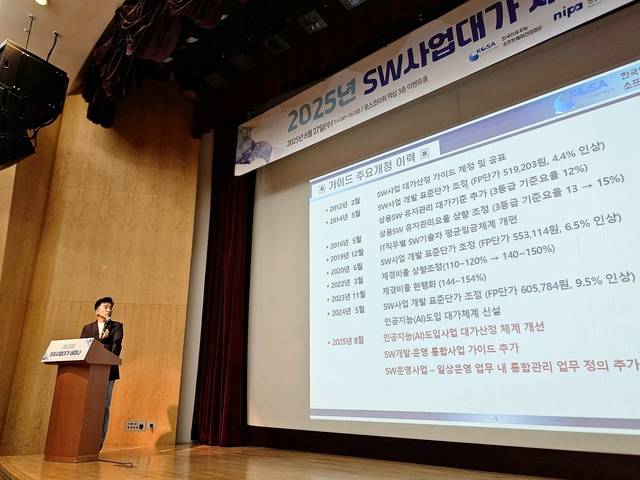 김창순 KOSA 정책기반조성팀장이 27일 서울 역삼동 포스코타워에서 열린 세미나에서 올해 SW사업대가 가이드 개정판 내용에 대해 소개하고 있다. 팽동현 기자