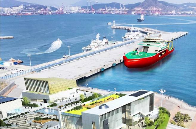 부산 영도구 소재 국제크루즈터미널에 조성을 가정한 '북극항로 개척 기반 차세대 쇄빙연구선 모항' 조감도. 부산연구원 제공