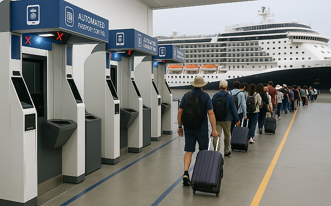 제주항 자동출입국심사대와 크루즈 승객을 상징적으로 표현한 구성 이미지. 실제 장면은 아닙니다.