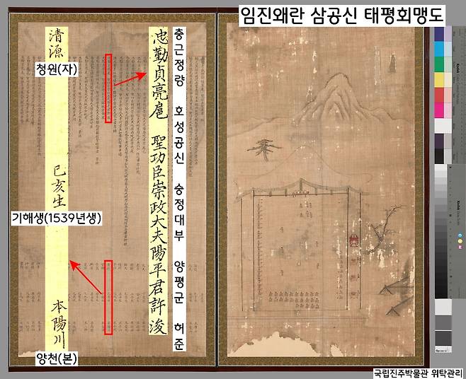 임진왜란 공신들의 연회를 그린 ‘태평회맹도’(보물). 허준은 임진왜란 때 의주까지 피란하는 선조를 수행했다는 공로로 호성공신(3등)이 되었다. 허준은 ‘양평군’의 군호와 함께 숭정대부(종 1품)의 작위를 받았다.|국립진주박물관 위탁관리