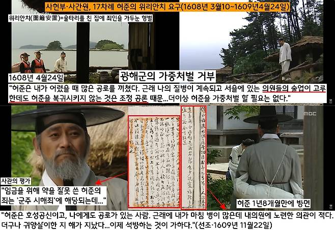 대간들은 무려 17차례에 걸쳐 “허준을 위리안치 시키라”고 아우성 친다. 광해군은 ‘위리안치’가 아닌 ‘중도부처(유배형)’의 처벌을 내린다. 그러나 광해군은 1년8개월만인 1609년 11월 “허준은 나에게도 공로가 있는 의사”라면서 “무엇보다 허준만한 노련한 의사가 없다”고 밝히면서 유배에서 풀어준다.