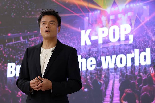 JYP Entertainment's founder and Chief Creative Officer Park Jin-young, also known as J.Y. Park, delivers a speech at the opening ceremony of APEC 2025 High-Level Dialogue on Culture and Creative Industries on Tuesday in Gyeongju, North Gyeongsang Province. (Ministry of Culture, Sports and Tourism)