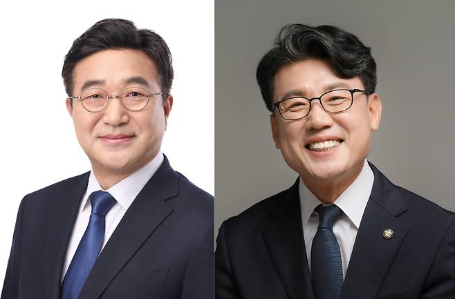 이재명 정부 행정안전부 장관을 맡은 윤호중 입법정책연구회 회장과 더불어민주당 정책위의장을 역임하고 있는 진성준 예비 입법정책연구회 회장. 쿠키뉴스 자료사진
