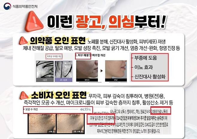 27일 식품의약품안전처는 의학적 수준의 과도한 개선 효과를 내세우는 화장품 광고를 주의해야 한다고 당부했다. ⓒ식품의약품안전처 제공