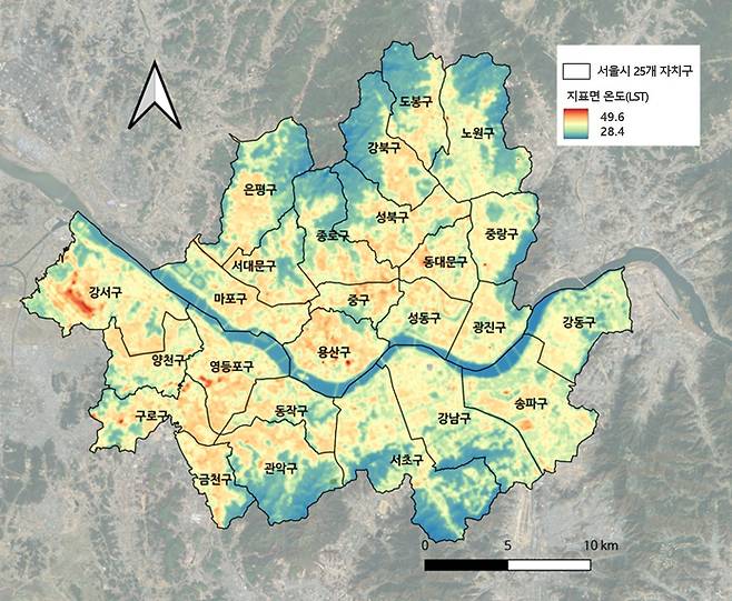 랜샛 영상 분석에 의한 서울시 25개 자치구의 지표면 온도(산림청 국립산림과학원 제공)