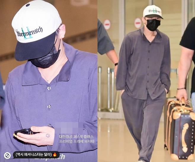 지드래곤의 공항 패션이 화제다. 평범한 일상복처럼 보였던 그의 의상은 사실 대한항공 일등석 승객에게 제공되는 이탈리아 명품 브랜드 프레떼 제작 편의복으로 밝혀졌다. 사진=대한항공 SNS