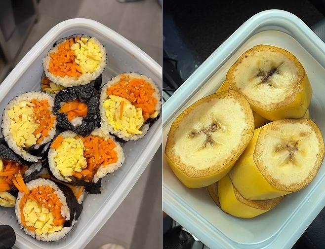단골 손님 아버지가 직접 손수 준비한 김밥과 과일. 초보 카페 사장을 위해 정성을 담아 건넨 선물이다. [인스타그램 @lovelyyuraa]